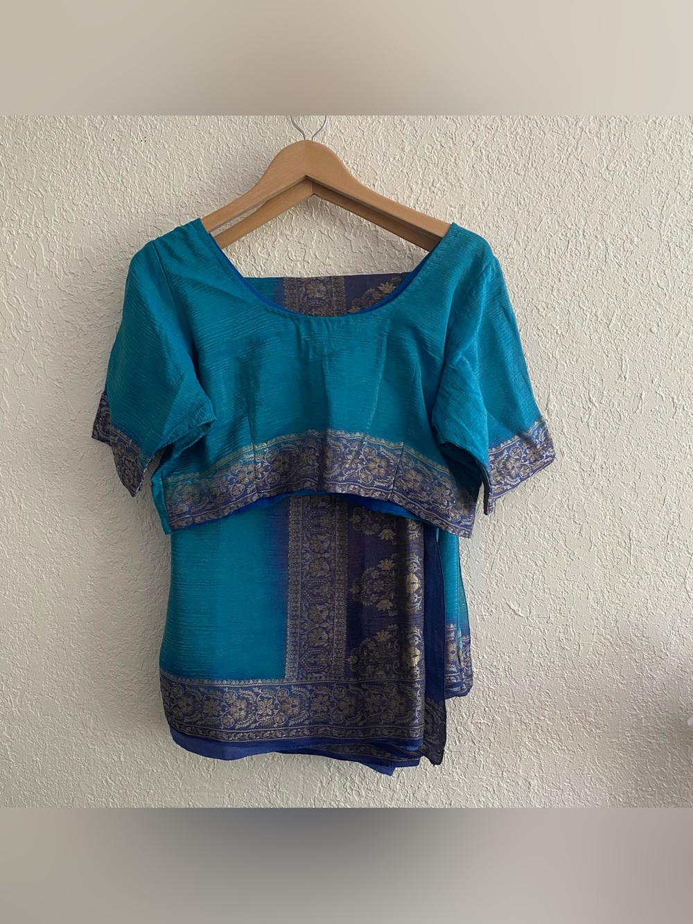 Crush Tissue Indian Saree Teal Blue Shimmer with Large Choli Blouse Vintage Sari - Picture 3 of 5